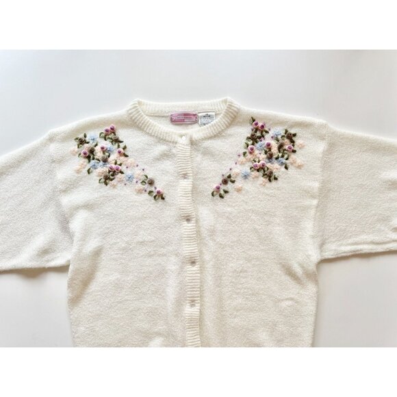 Vintage 00's FUNCTIONALS Ivory Boucle Knit Floral Embroidered Cardigan, Size 36 - Picture 7 of 14